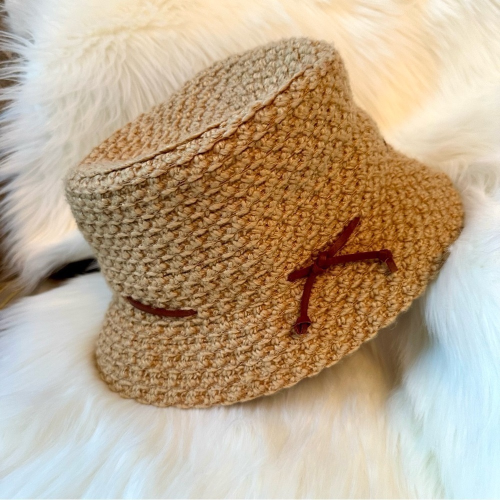 NINE WEST Knitted Bucket Hat with Leather Tie Accent